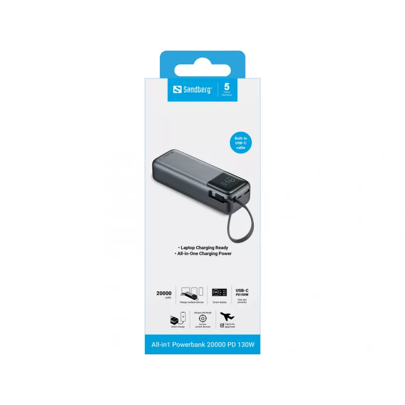 Portable power bank SANDBERG All-in1 Powerbank 20000 PD 130W — 20000 mAh, LiPo, USB-A 1x, USB-C 1x, 130 W, black/grey