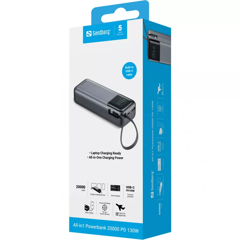 Portable power bank SANDBERG All-in1 Powerbank 20000 PD 130W — 20000 mAh, LiPo, USB-A 1x, USB-C 1x, 130 W, black/grey