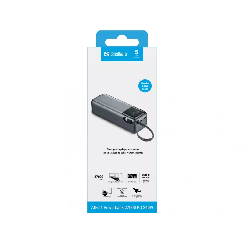 Powerbank SANDBERG All-in1 Powerbank 27000 PD 240W — 27000 mAh LiPo, 240W output, 1× USB-A, 1× USB-C, 3.6V — Black/Grey