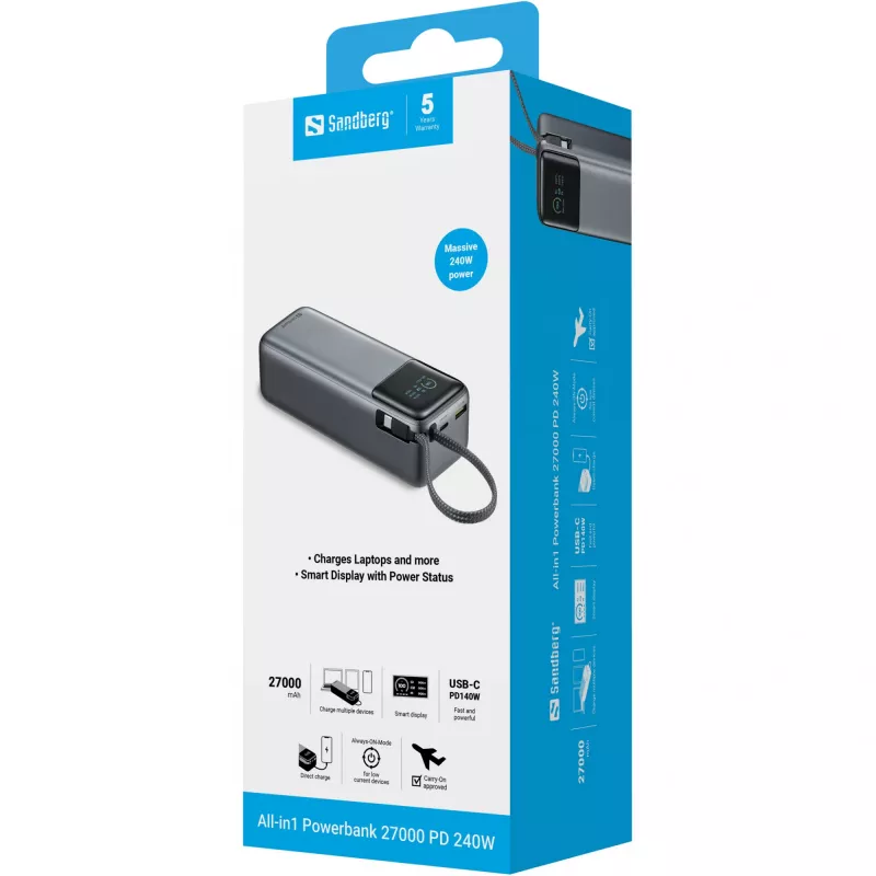 Powerbank SANDBERG All-in1 Powerbank 27000 PD 240W — 27000 mAh LiPo, 240W output, 1× USB-A, 1× USB-C, 3.6V — Black/Grey