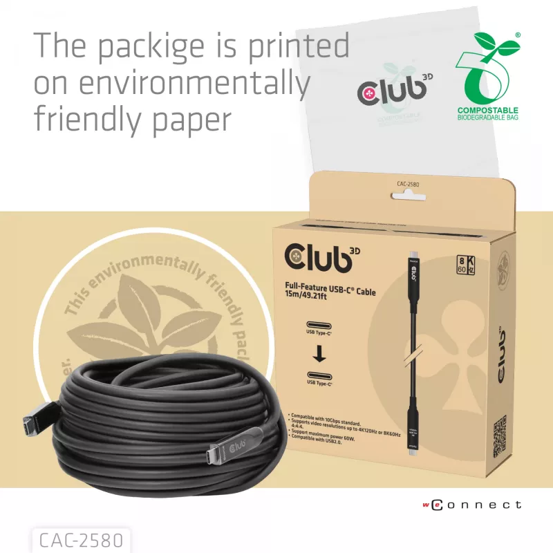 CLUB3D 15M Full-Feature USB-C® Cable / 49.21ft 8K60Hz 10Gbps 60W