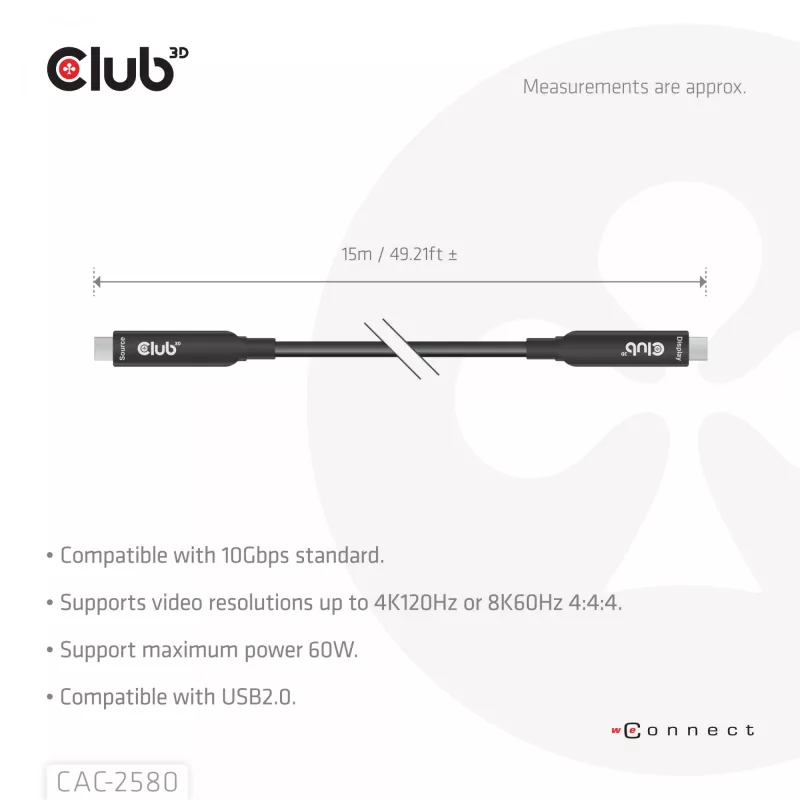 CLUB3D 15M Full-Feature USB-C® Cable / 49.21ft 8K60Hz 10Gbps 60W