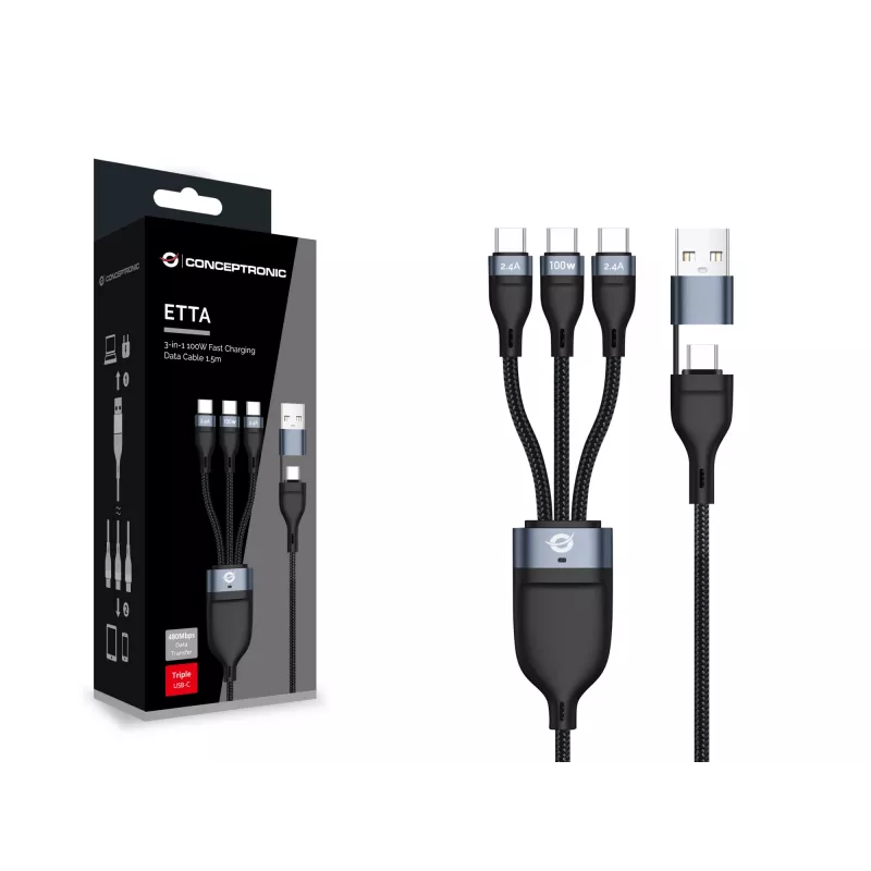 Conceptronic ETTA06B15C 3-in-1 100W Fast Charging Data Cable 1.5M, Triple USB-C, USB 2.0, E-Mark