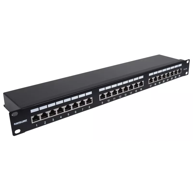 Intellinet Patch Panel, Cat6a, FTP, 24-Port, 1U, Shielded, 90° Top-Entry Punch Down Blocks, Black