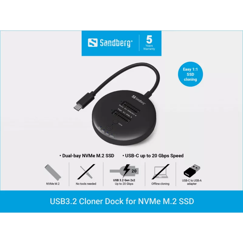 Sandberg USB3.2 Cloner Dock for NVMe M.2 SSD, Black, 20 Gbit/s