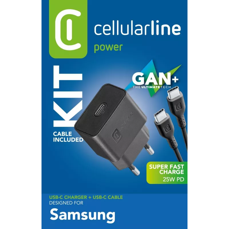 Cellularline Super Fast Charger Kit 25W - USB-C to USB-C - Samsung 25W Super Fast Charge PD mains charger with USB-C to USB-C cable