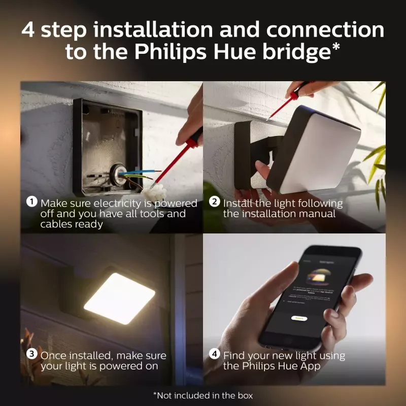 Outdoor smart wall light Philips Hue White Welcome Floodlight, 20.5W LED, 220–240V input, 24V bulb, black, 160×220×153mm