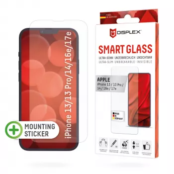 Displex Smart Glass (9H) for Apple iPhone 13/13 Pro/14/16e/17e, Mounting Sticker, unbreakable