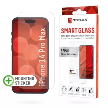 Displex Smart Glass (9H) for Apple iPhone 14 Pro Max, Mounting Sticker, unbreakable, ultra-slim, invisible