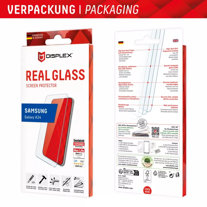 Displex Screen Protector (10H) for Samsung Galaxy A34, Eco Mounting Frame, scratch resistant
