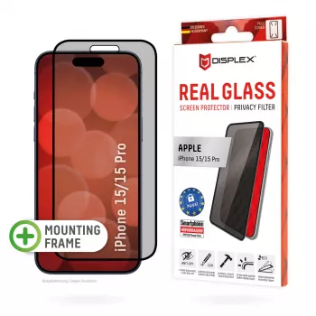 Displex Privacy Screen Protector (10H) for Apple iPhone 15/15 Pro, Eco Mounting Frame, Privacy Filter