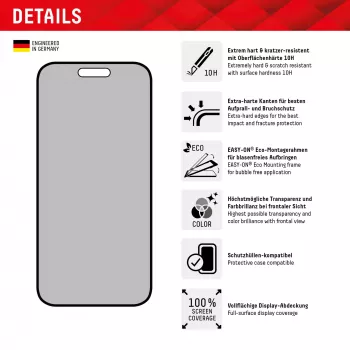 Displex Privacy Screen Protector (10H) for Apple iPhone 15/15 Pro, Eco Mounting Frame, Privacy Filter