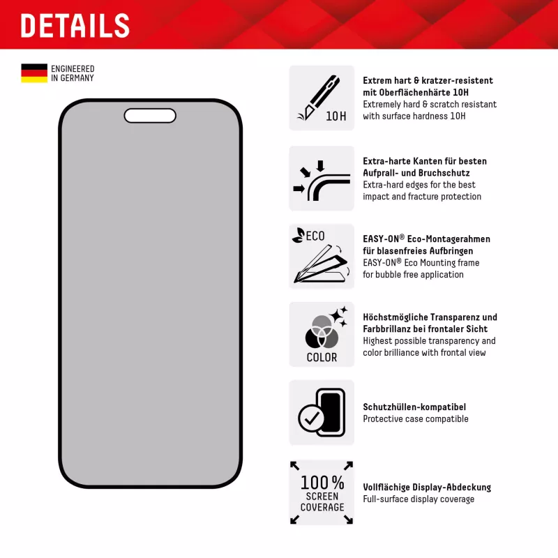 Displex Privacy Screen Protector (10H) for Apple iPhone 15/15 Pro, Eco Mounting Frame, Privacy Filter