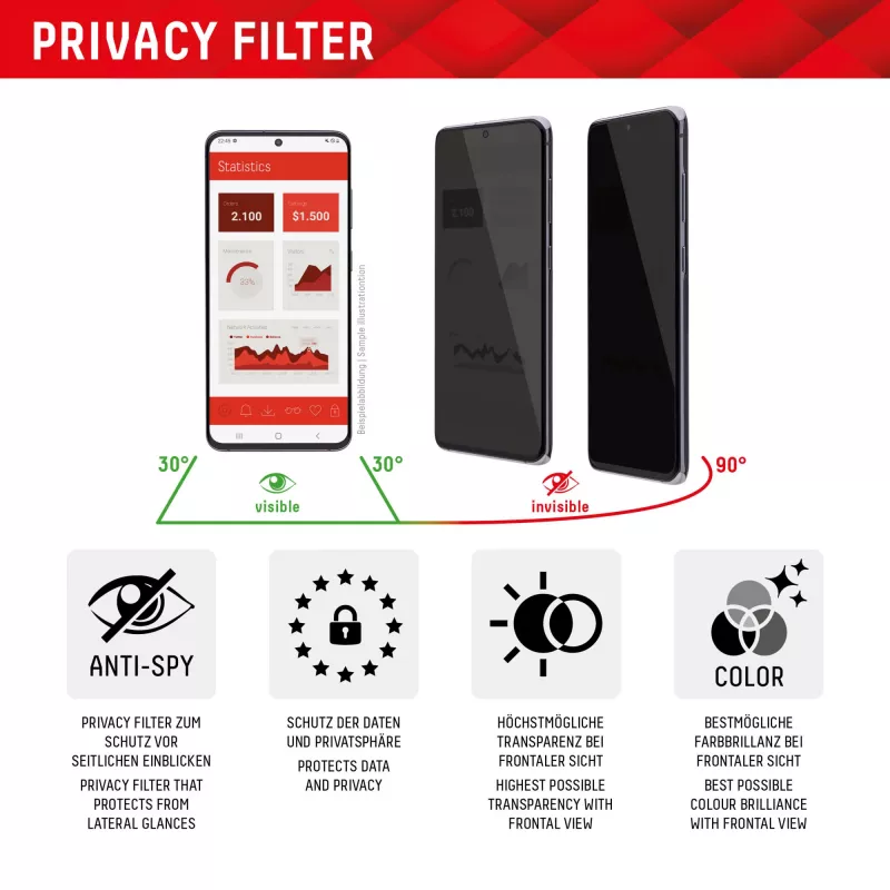 Displex Privacy Screen Protector (10H) for Apple iPhone 15/15 Pro, Eco Mounting Frame, Privacy Filter