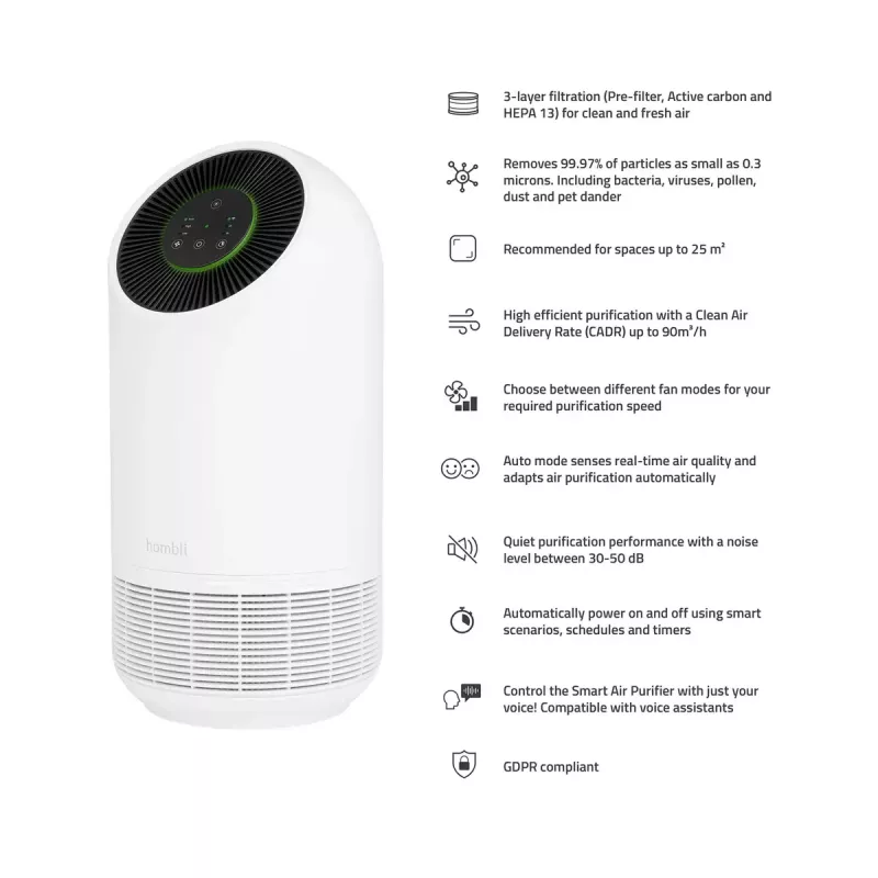 Air purifier Hombli Smart Air Purifier by Avanca International BV, noise level 30 dB, available in white and black