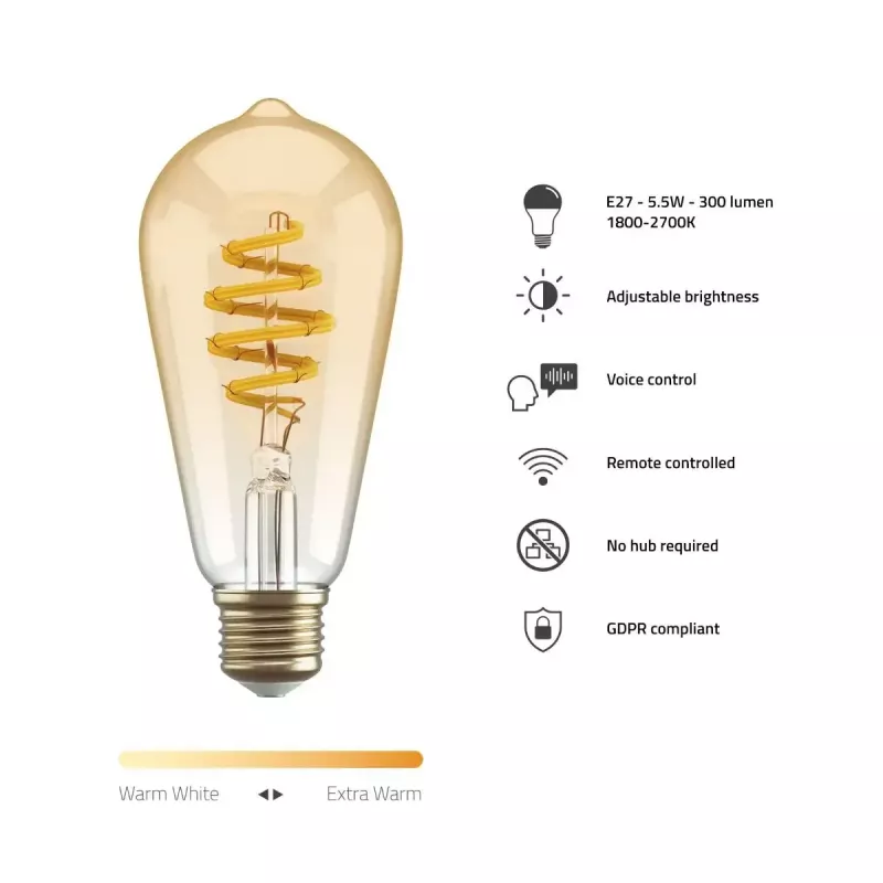 Smart bulb Hombli HBEB-0212 Wi‑Fi 5.5 W, gold, A‑G energy rating, Ø61×142 mm