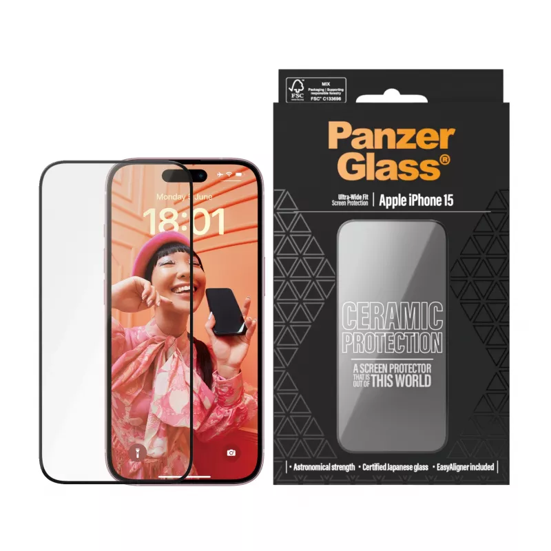 PanzerGlass Ceramic Protection for iPhone 15 Ultra-Wide Fit Scratch Shock Resistant