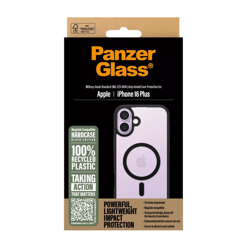 PanzerGlass ® HardCase Transparent w. Black MagSafe & Frame iPhone 16 Plus