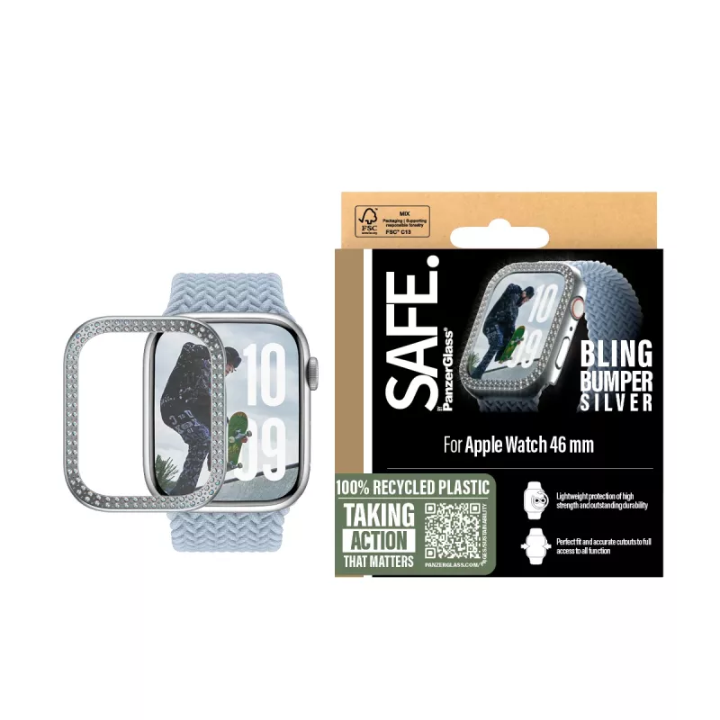 PanzerGlass SAFE. by ® Bling Bumper Silver Apple Watch Series 10 46mm Transparent