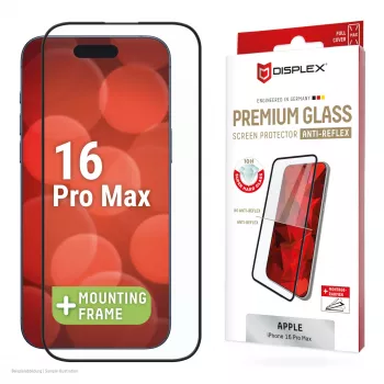 Displex Premium Anti-Reflex Screen Protector (anti-reflective Full Cover, 10H) for Apple iPhone 16 Pro Max, Eco Mounting Frame, Full Cover