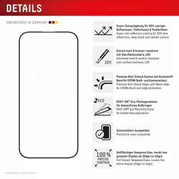 Displex Premium Anti-Reflex Screen Protector (anti-reflective Full Cover, 10H) for Apple iPhone 16 Pro Max, Eco Mounting Frame, Full Cover