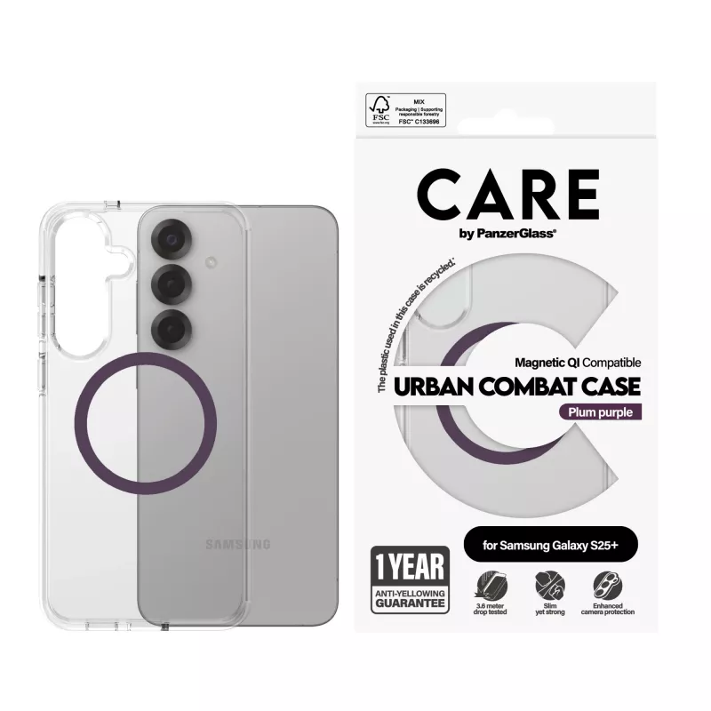 PanzerGlass CARE™ by ® Urban Combat Case Transparent w. Plum Purple Qi Compatible Samsung Galaxy S25+