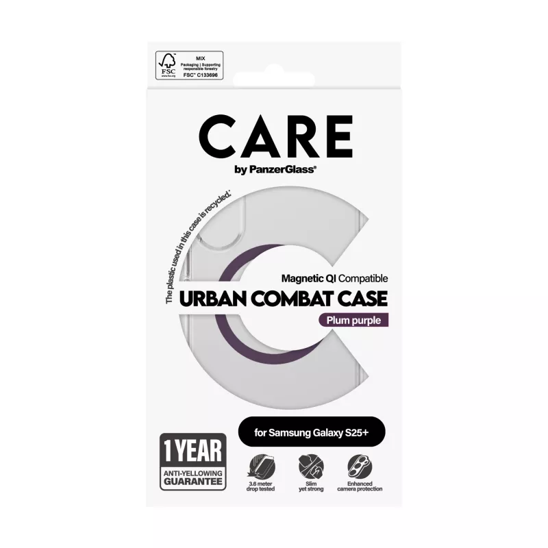 PanzerGlass CARE™ by ® Urban Combat Case Transparent w. Plum Purple Qi Compatible Samsung Galaxy S25+