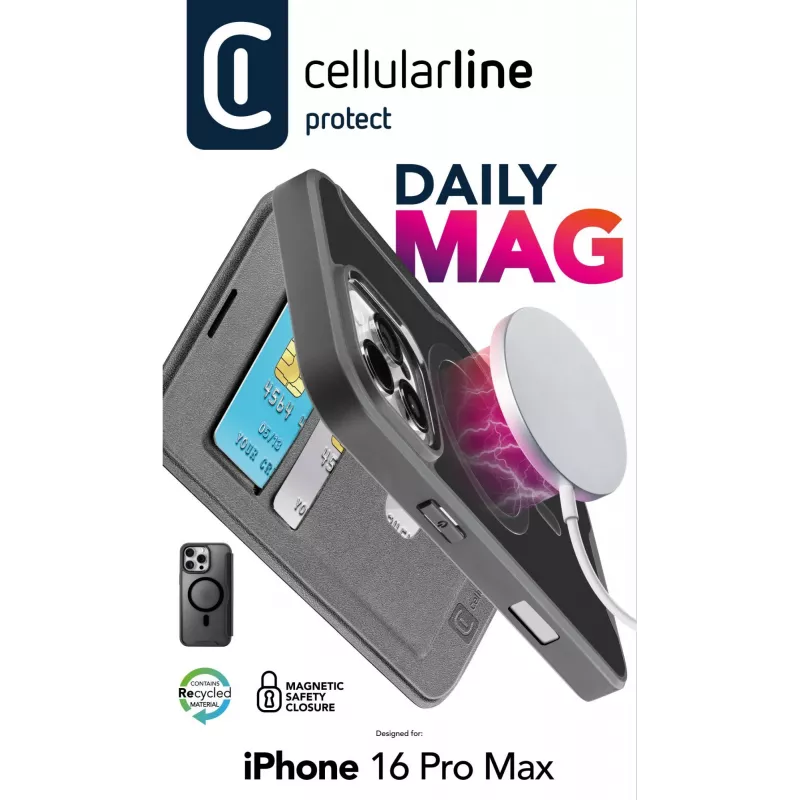 Cellularline Daily Mag - iPhone 16 Pro Max Book cover with semi-transparent hard back compatible with Magsafe® ecosystem