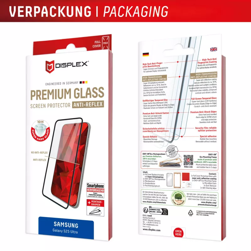 Displex Premium Screen Protector (Full Cover, 10H) for Samsung Galaxy S25 Ultra, Eco Mounting Frame, Full Cover