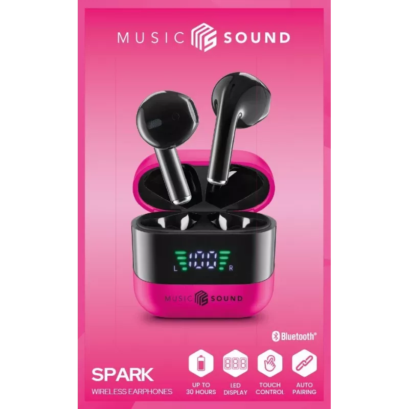 Music Sound SPARK Auricolare TWS con Display LED, True Wireless Stereo (TWS), Calls/Music, 66 g, Headset, Pink