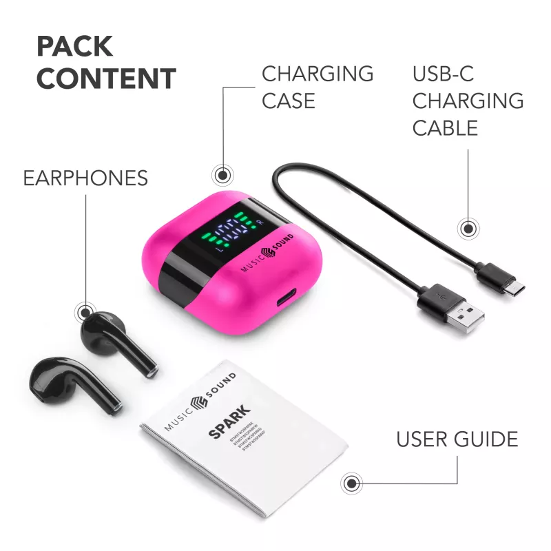 Music Sound SPARK Auricolare TWS con Display LED, True Wireless Stereo (TWS), Calls/Music, 66 g, Headset, Pink
