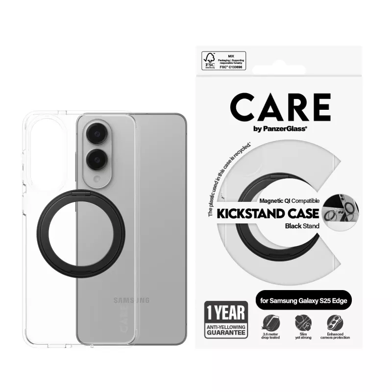 PanzerGlass CARE™ by ® Case Transparent w. Black Kickstand & Qi Compatible Samsung S25 Edge