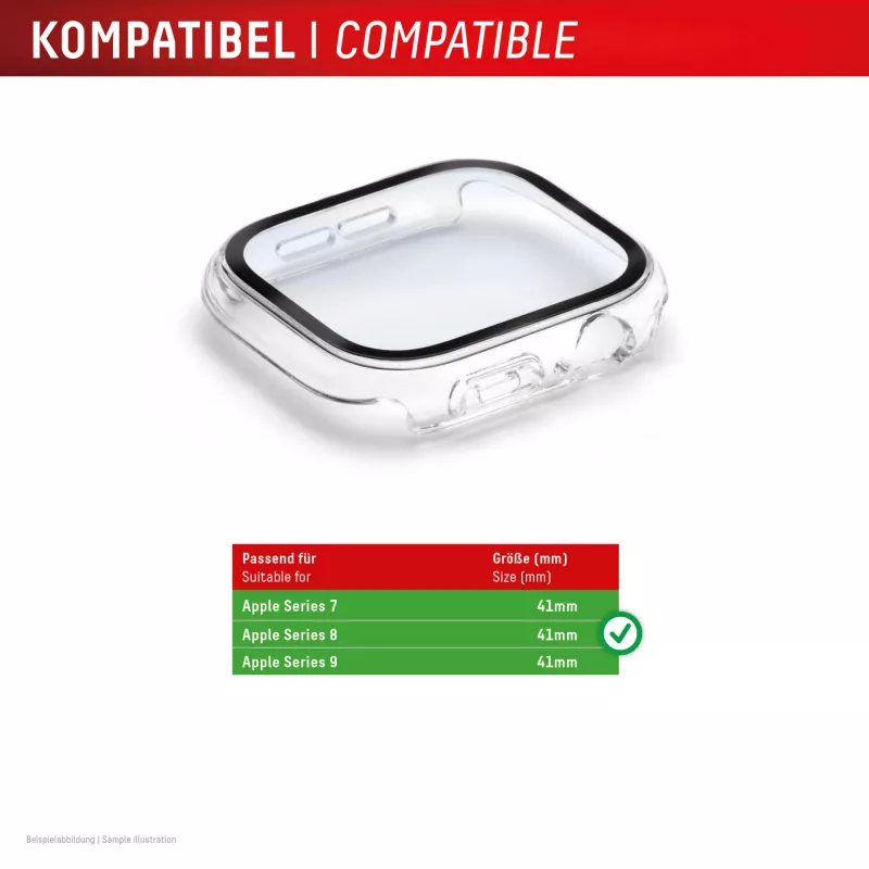 Displex 10H Tempered Glass for Apple Watch 9/8/7 (41mm), Full Body Case, IP68, Snap-On, transparent