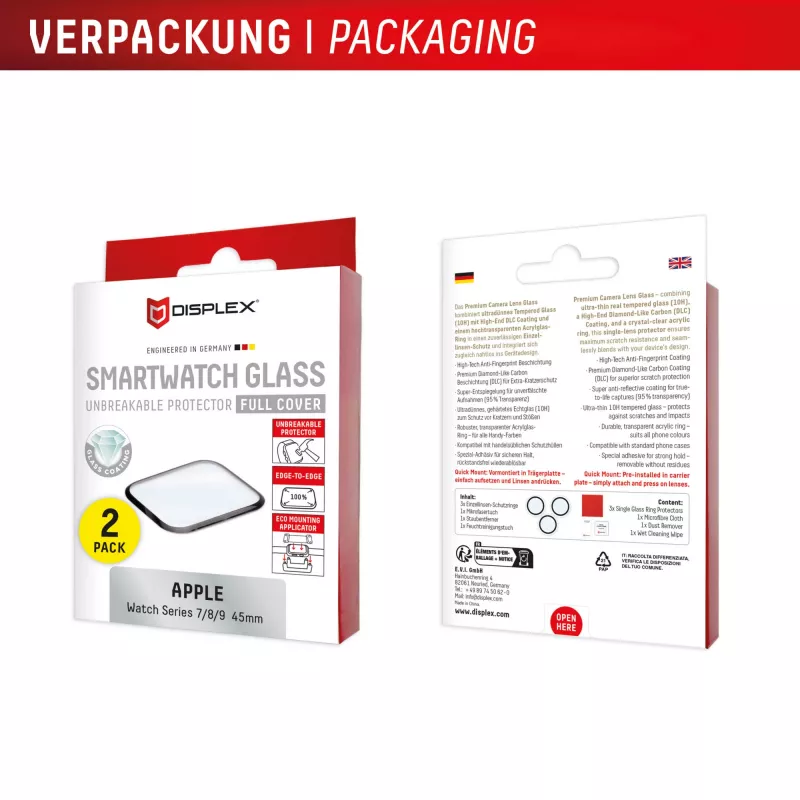 Screen protector Displex Unbreakable Full Cover Smart Glass for Apple Watch 45mm (Series 9/8/7), 2-Pack, Ultra-Thin Edge-to-Edge
