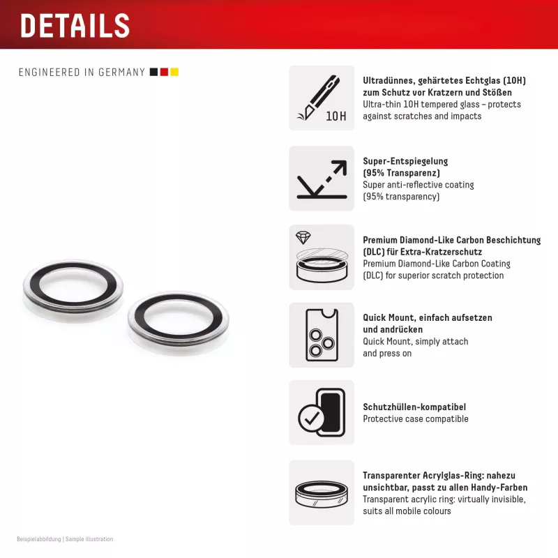 Displex Premium Camera Lens Glass, iPhone 15/15 Plus, 10H, Single Rings, DLC, transparent, Quick Mount
