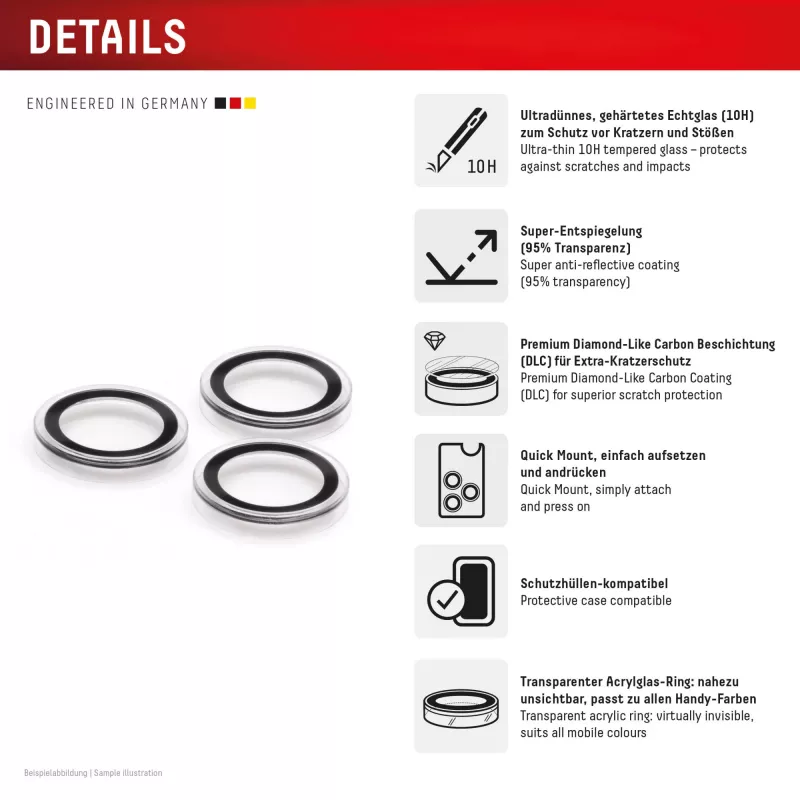 Displex Premium Camera Lens Glass, iPhone 16 Pro/16 Pro Max, 10H, Single Rings, DLC, transparent, Quick Mount