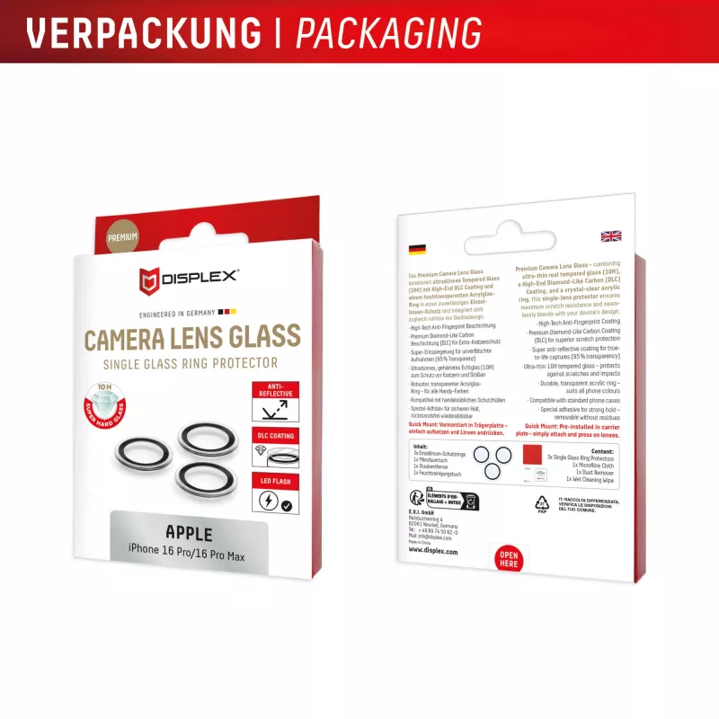Displex Premium Camera Lens Glass, iPhone 16 Pro/16 Pro Max, 10H, Single Rings, DLC, transparent, Quick Mount
