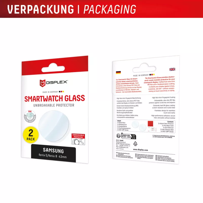 Screen protector GK PROTECTION Displex 9H Glass for Garmin fenix E/fenix 8 43mm (2-pack, ultra-thin, borderless, anti-smudge)