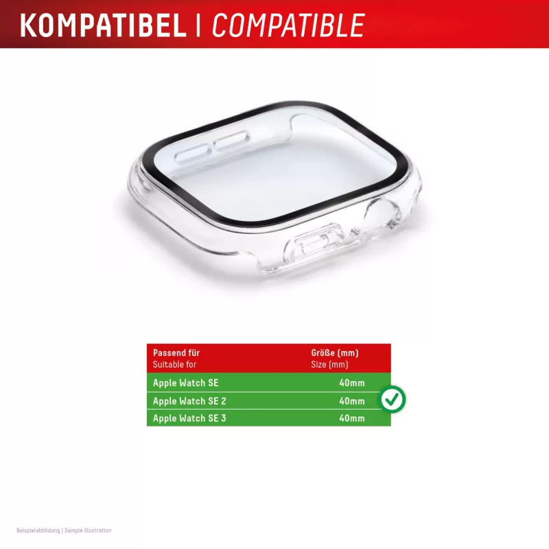 Displex 10H Tempered Glass for Apple Watch SE3/SE2/SE (40mm), Full Body Case, IP68, Snap-On, transparent