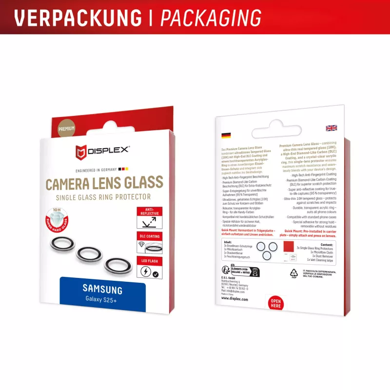 Displex Premium Camera Lens Glass, Samsung Galaxy S25+, 10H, Single Rings, DLC, transparent, Quick Mount