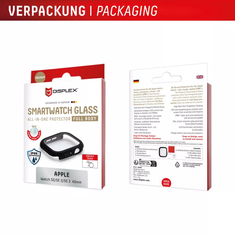 Screen protector PanzerGlass Displex 10H for Apple Watch SE3/SE2/SE (40mm) — Full body, IP68, snap-on, black frosted