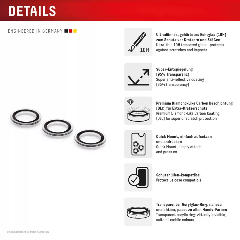 Displex Premium Camera Lens Glass, Samsung Galaxy S25, 10H, Single Rings, DLC, transparent, Quick Mount