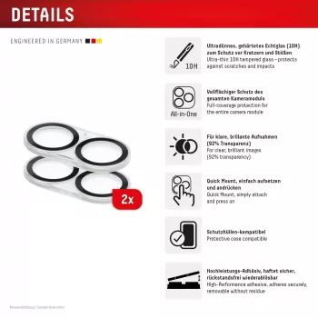 Displex Full Cover Camera Lens Glass iPhone 16/16 Plus/17, 10H, Full Camera Protector, Quick Mount, 2-Pack