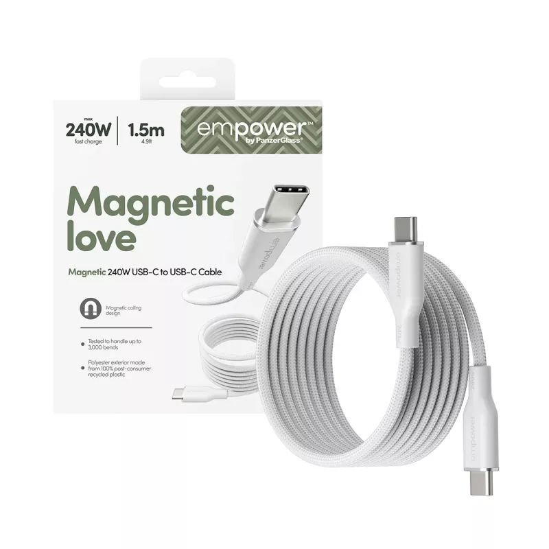 PanzerGlass empower™ by ® Magnetic 240W USB-C to USB-C Cable | USB 2.0 | 1.5M | Silver White