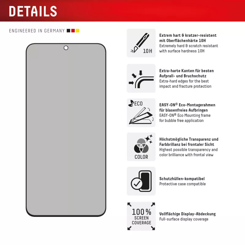 Displex Privacy Screen Protector (10H) for Samsung Galaxy S25 FE/S24 FE, Eco Mounting Frame, Privacy Filter
