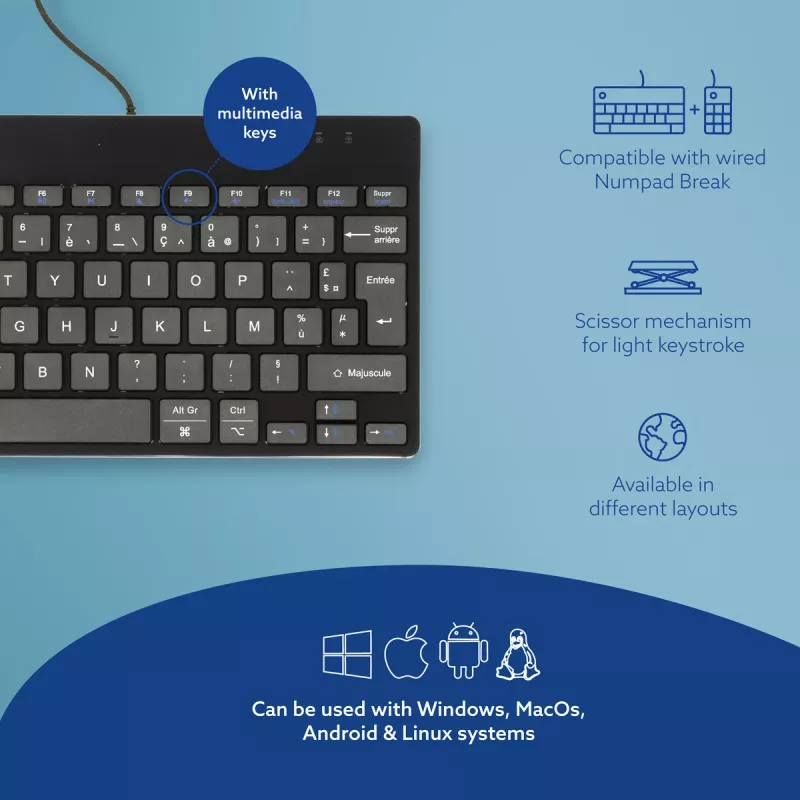 R-Go Tools Ergonomic keyboard R-Go Compact Break, compact keyboard with break software, AZERTY (FR), wired, black