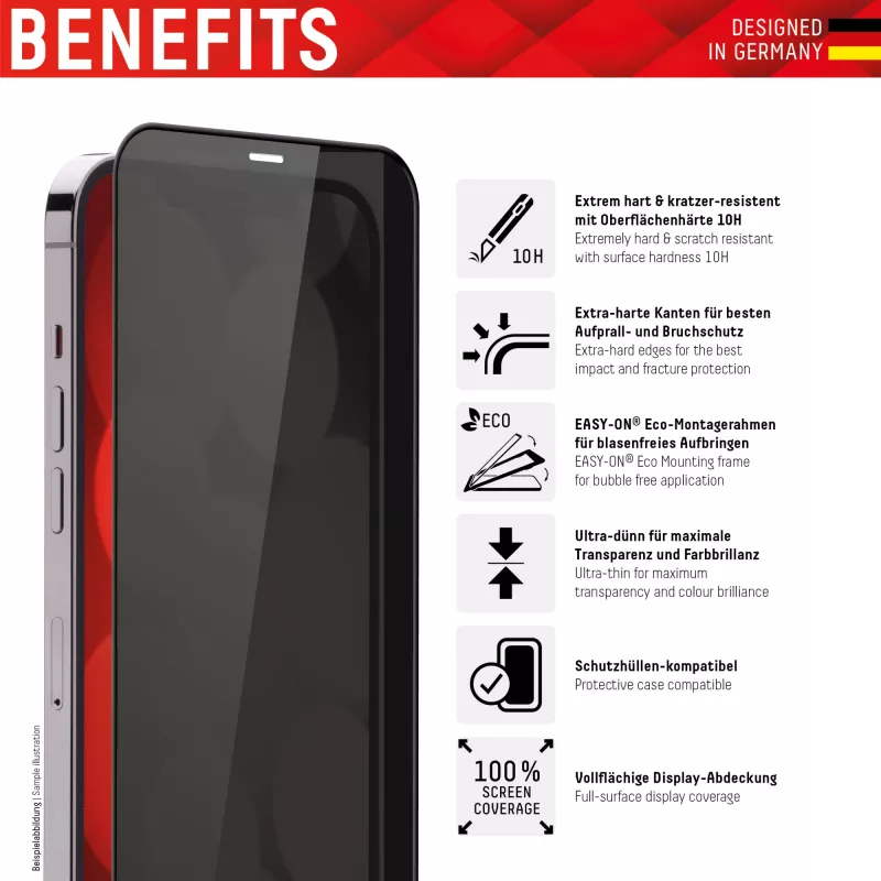 Displex Privacy Full Cover Screen Protector (10H) for Apple iPhone 12 Pro Max, Eco Mounting Frame, Privacy Filter, Tempered Glass, scratch resistant protective film, case friendly