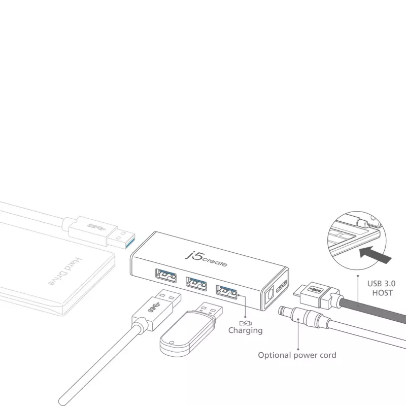 USB Hub j5create JUH340 4-Port USB 3.0 Black Aluminium