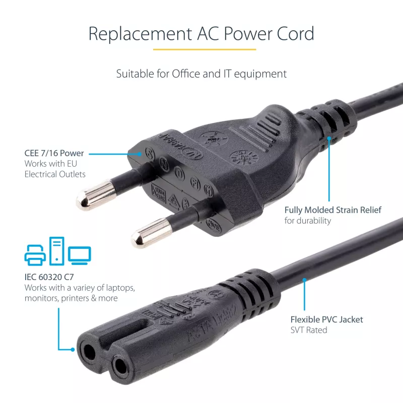StarTech.com 3m (10ft) Laptop Power Cord, EU Plug to C7, 2.5A 250V, 18AWG, Laptop Replacement Cord, Printer Power Cable, Laptop Charger Cord, Laptop Power Brick Cord, Black