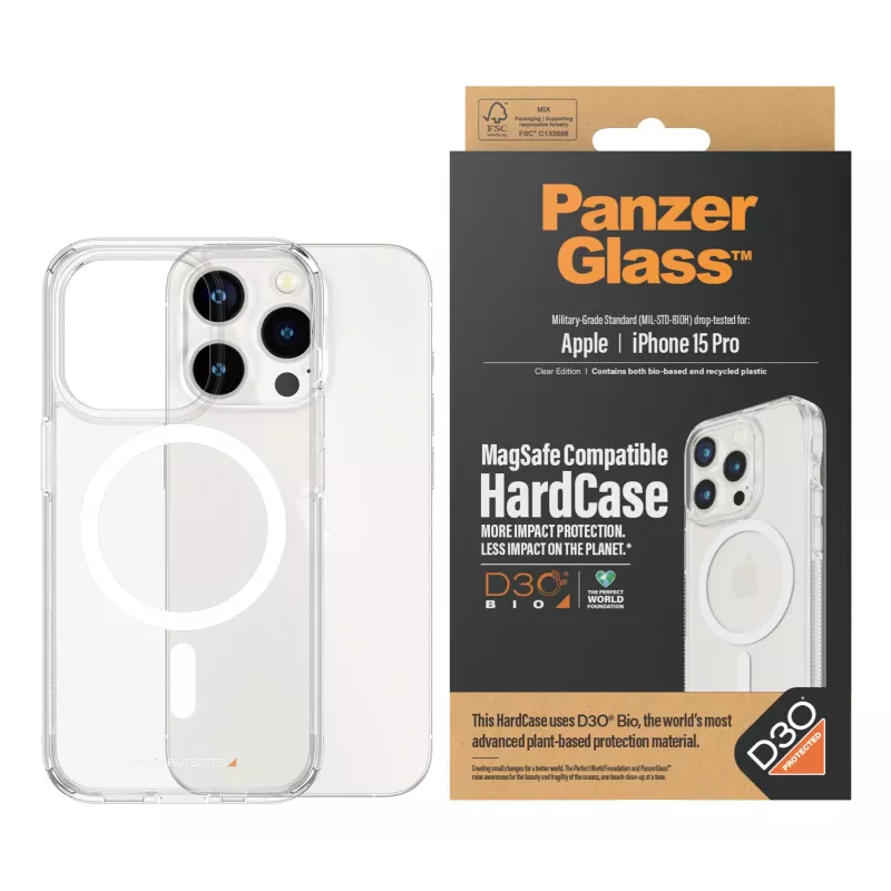 PanzerGlass ® HardCase Transparent w. White MagSafe & D3O® iPhone 15 Pro